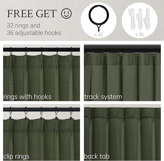 Topfinel Olive Green Pinch Pleated Linen Curtains 84 Inch Length 2 Panels - Image 2