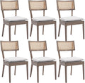 Rattan Dining Chairs Set Of 6 , Mid Century Modern Upholstered Cane Back Chairs with Removable Linen Cushion , Retro Farmhouse Natural Wooden Kitchen & Dining Room Chairs for Restaurant Living Room