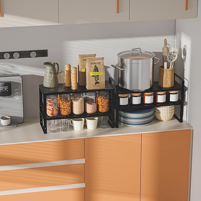 Expandable,Adjustable & Stackable Spice Rack, Cabinet Kitchen Countertop Shelf Organizer,Metal Pantry Storage Shelves - Space-Saving Storage Solution(2Packs/Black/Large)