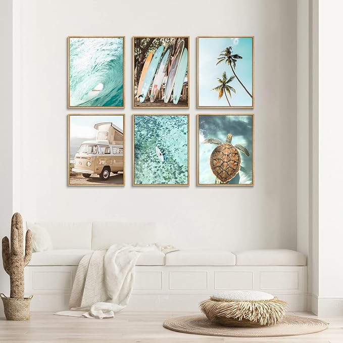 Laywhq Coastal Beach Wall Art Summer Ocean Surf Tropical Canvas Wall Decor Summer Nautical Palm Tree Turtle Surfboard Bus Room Paintings Prints Posters for Bedroom Living Room Set of 6 8x10in Unframed