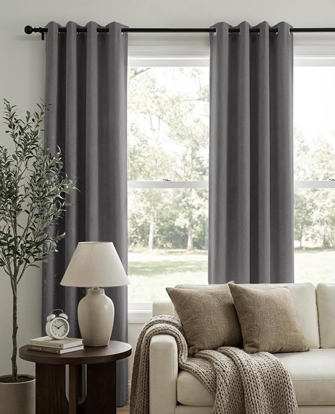 100% Blackout Linen Textured Curtains 72 Inch Long, Dark Gray | 100% Blackout - Image 2