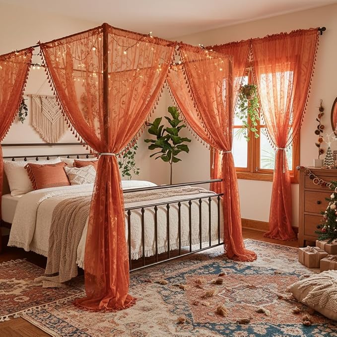 WAZZIO Boho Lace Curtains 90 Inch 2 Panels-Vintage Sheer Panel Drape Floral - Image 2