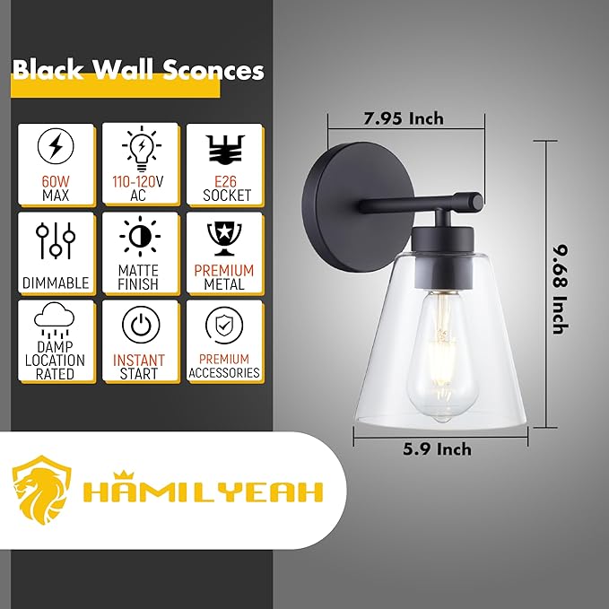 Hamilyeah Black Bathroom Sconces Wall Lighting, Farmhouse Wall Sconces Set of 2, Industrial Black Sconces with Clear Glass Shade for Living Room, Kitchen, Hallway