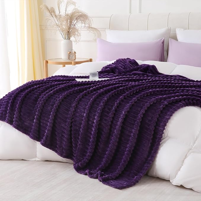 Deep Purple Throw Blanket for Couch Sofa 50x70 inches Striped Design | Fleece - Image 2
