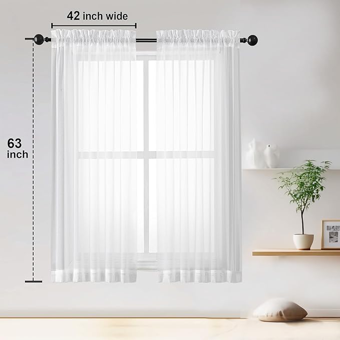 OWENIE Sheer White Curtains, Sheer Curtains 63 inch Length 2 Panels Set - Image 3