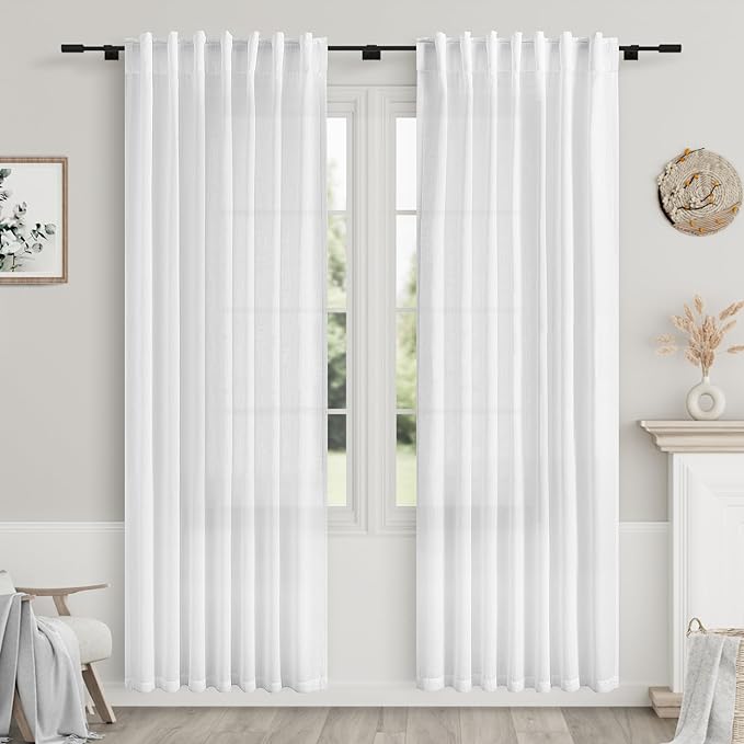 Nanspring White Linen Curtains 83 Inch Length 2 Panels Set by Nanspring