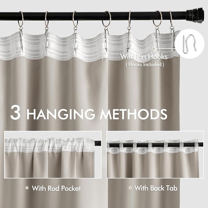 MIULEE Natural Back Tab Blackout Curtains 52x84 Inch Length 2 Panels Set | Rod - Image 3