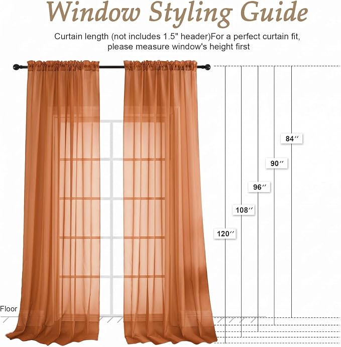 Orange Sheer Curtains 72 Inches Long 2 Panels Set, Light Filtering Sheer - Image 2