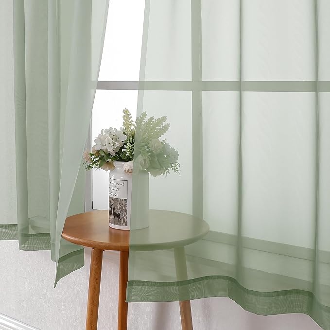 Sage Green Sheer Curtains 45 Inch Long 2 Panels, Short Voile Drapes - Image 5
