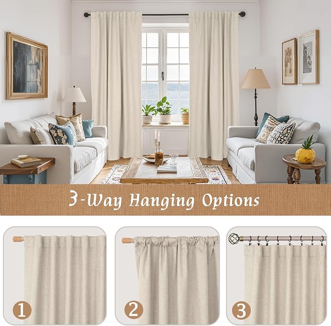 72 Inch 100% Blackout Natural Linen Curtains 2 Panels, 52 x 72 Inch | Linen - Image 9