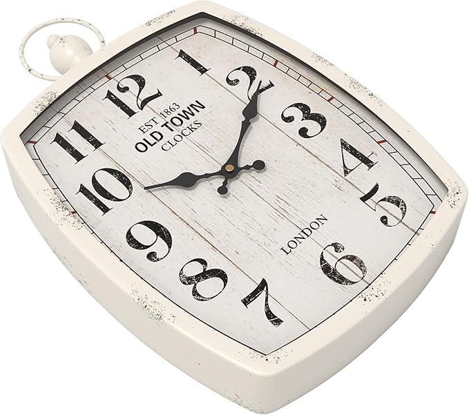 Menterry Rectangle Retro Large Wall Clock, Old-Fashioned Vintage Design, White Antique Style, Battery Operated Silent Decor Wall Clocks for Farmhouse,Kitchen,Office (15.5" H x 10.2" W)