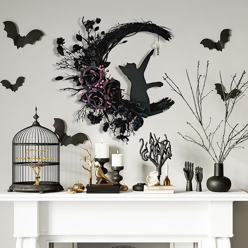 Halloween Wreaths for Front Door with Light, Black Cat on Moon Garland with Rose Wreath Decor, Halloween Decorations Crescent Moon Wreath for Home Party Window Wall Indoor Outdoor (black flower)