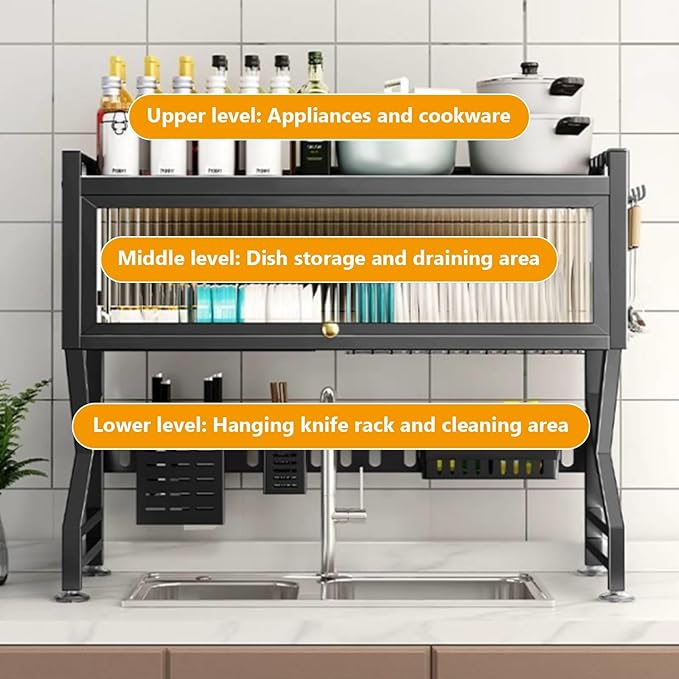 Kitchen sink rack dishwashing sink countertop dustproof cupboard storage multifunctional tableware storage drain rack double layer,KeepKitchen Sink Shlef Organized Space-Saving(Black,105cm/41.3in)