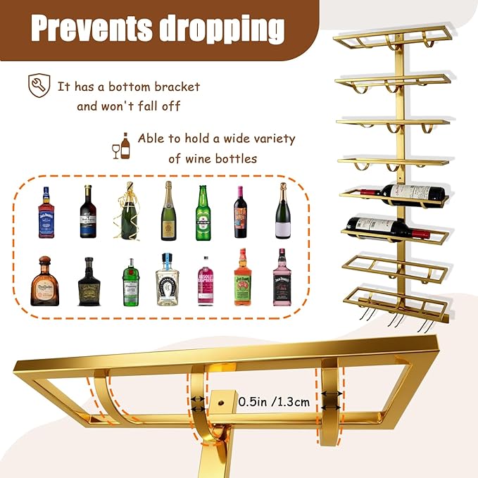 16 Bottle Wall Mount Wine Rack with Wine Glass Holder, Metal Wine Wall Rack, Wall Racks for Wine Bottles Display and Storage, Hanging Bottle Organizer for Living Dining Room Wine Cellar Bar (Gold)