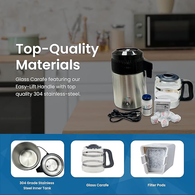 H2o Labs Best-in-Class Countertop Water Distiller - Stainless Steel Home Water Distiller with 1 Gallon Glass Carafe - Porcelain Nozzle Insert & Optimal Heating Element for Pure Distilled Water - 300SS