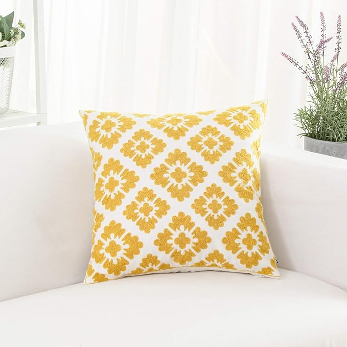 HWY 50 Mustard Yellow Decorative Throw Pillow Covers 18x18 Inch, Pack of 2 Embroidered Cotton Farmhouse Cushion Cover Pillow Case for Sofa Couch Living Room Bed Bedroon, Geometric Diamond Floral