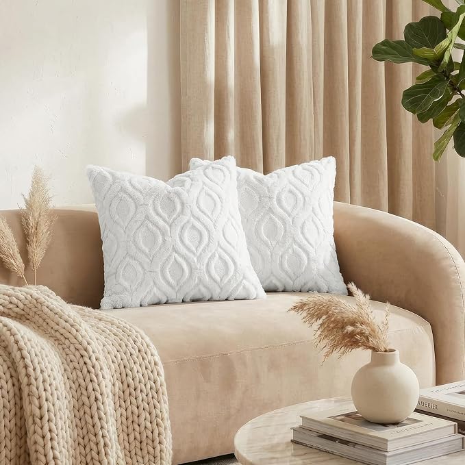 decorUhome Throw Pillow Covers 22x22 Inch Set of 2, Soft Plush Faux Wool White - Image 3