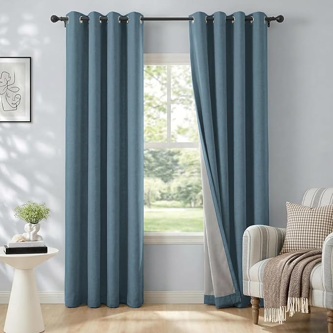 100% Blackout Linen Textured Curtains 84 Inch Long, Stone Blue | 100% Blackout by 100BlackoutShield
