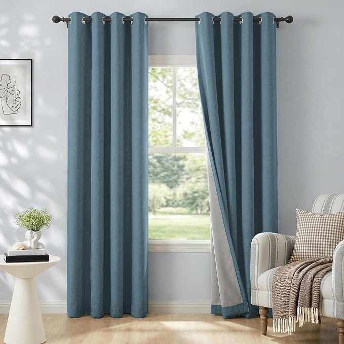 100% Blackout Linen Textured Curtains 96 Inch Long, Stone Blue | 100% Blackout by 100BlackoutShield
