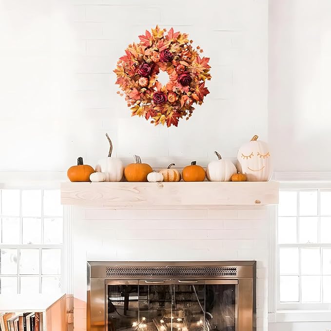 26'' Large Fall Wreath for Front Door, Autumn Wreaths for Outdoor Home Decor - Farmhouse Wreath with Maple Leaves, Pumpkins, Roses, Thanksgiving Decoration, Rustic Harvest Festival Door Hanging