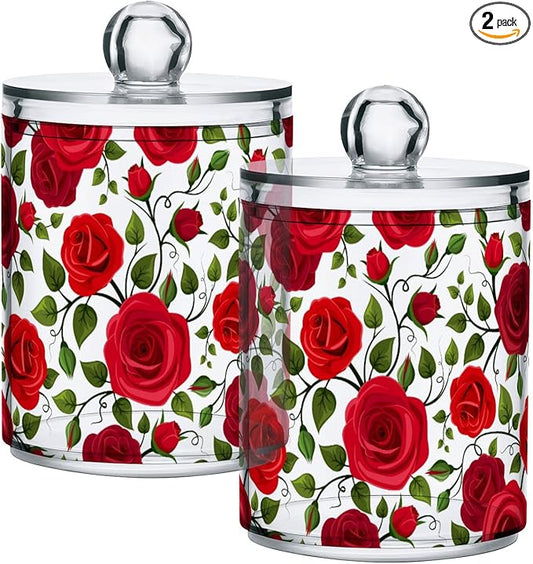2 Pack Qtip Holder Dispenser Red Rose Flowers Bathroom Storage Canister Lid Acrylic Plastic Apothecary Jar Set Vanity Makeup Organizer for Cotton Swab/Ball/Round Pads, Floss