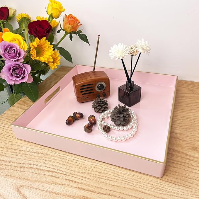 Pink Decorative Tray, Square Serving Tray with Handles, Plastic Coffee Table Tray for Ottoman, Living Room, Kitchen Tabletop, 13"x13"x1.6"