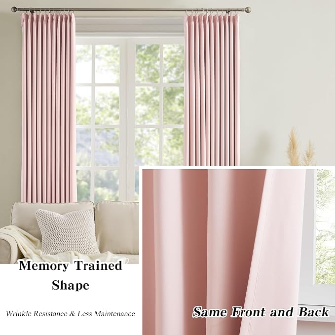Pinch Pleated Pink Blackout Curtains 63 Inches Long, Sound & Light Reducing - Image 6