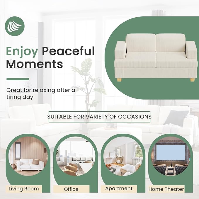 63" Corduroy Sofa Couch Loveseat for Living Room, Small Seep Seat Loveseat Sofa for Bedroom, Comfy Chenille Couch for Small Spaces, White Corduroy