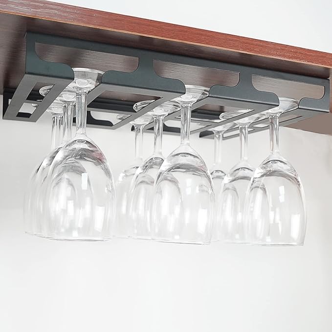 Wine Glass Rack - Under Cabinet Stemware Wine Glass Holder Glasses Storage Hanger Metal Hanging Organizer for Bar Kitchen 3 Rows Black