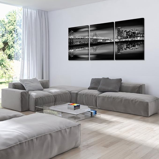 KREATIVE ARTS - San Francisco Bay at Night in Black and White Bridge 3 Panels Modern Landscape Artwork Canvas Prints Cityscape Pictures Paintings on Canvas Wall Art for Home Decor (16x24inchx3pcs)
