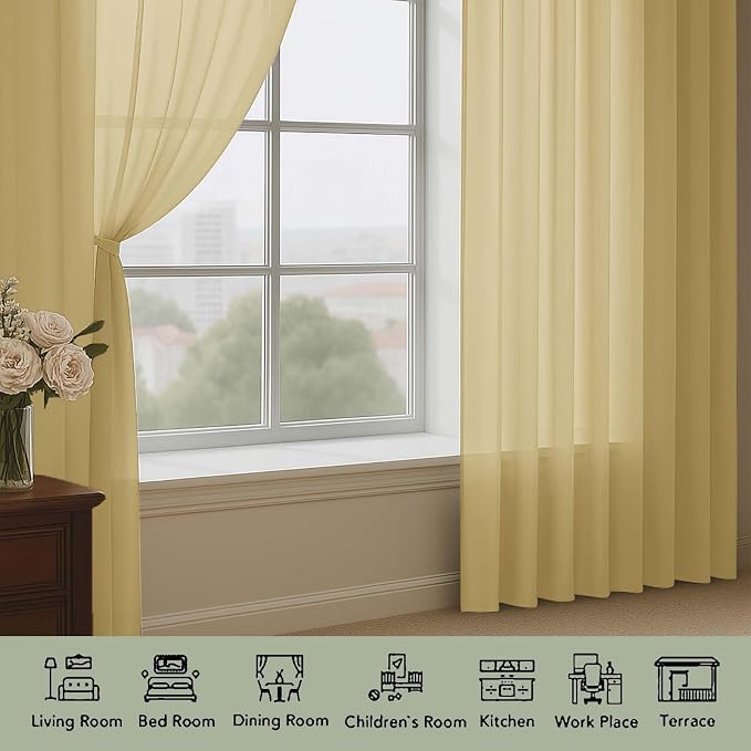 OWENIE Extra Long Gold Sheer Curtains 96 Inches Long 2 Panels Set, Soft - Image 3