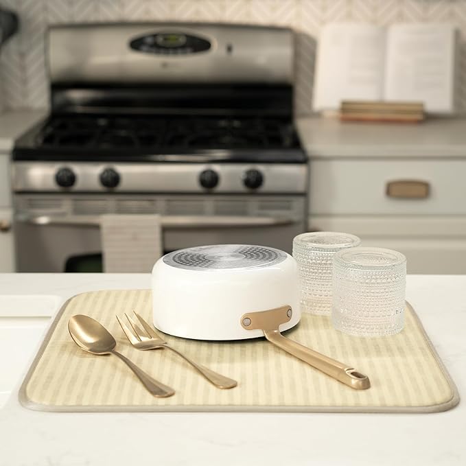 S&T INC. Dish Drying Mat, 16” x 18”, Absorbent Microfiber Kitchen Counter Mat, Dish Drying Pad for Dishes, Utensils, Pots and Pans, Large, Cream Distressed Lines