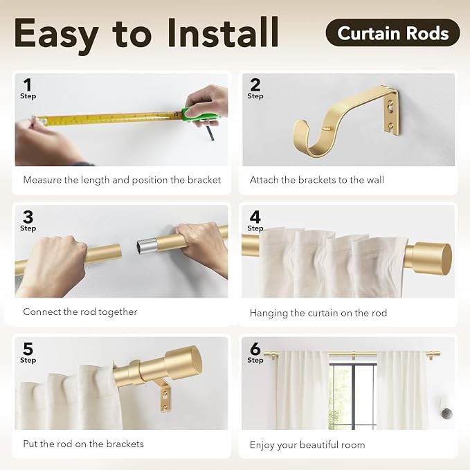Extra Long Curtain Rods for Windows 32 to 240 Inch, 1 Inch Gold Heavy Duty - Image 6