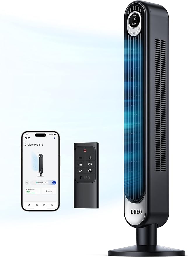 Dreo Smart Tower Fan WiFi Voice Control, Compatible with Alexa/Google & Fans for Home Bedroom, Table Air Circulator Fan for Whole Room, 12 Inch, Black