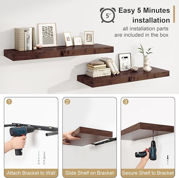 Heimlove Rustic Brown Bathroom Shelves Floating Shelves for Wall Shelf Over Toilet Long Wall Mounted Modern Farmhouse,48 x 12 Shelves with Invisible Brackets for Living Room, Kitchen, Bedroom