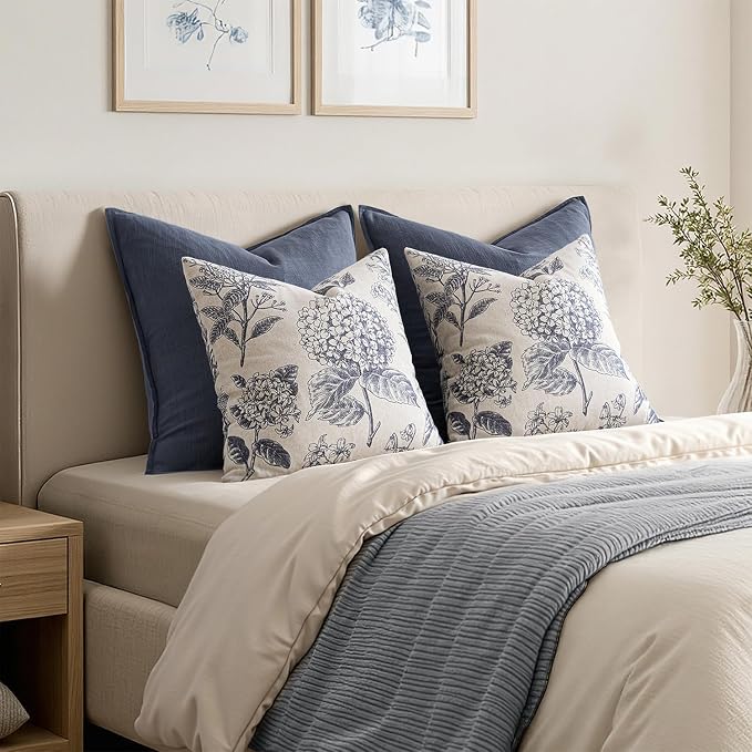 Set of 2 Decorative Floral Pillow Covers 18x18 Inch Navy Blue | Neutral - Image 6