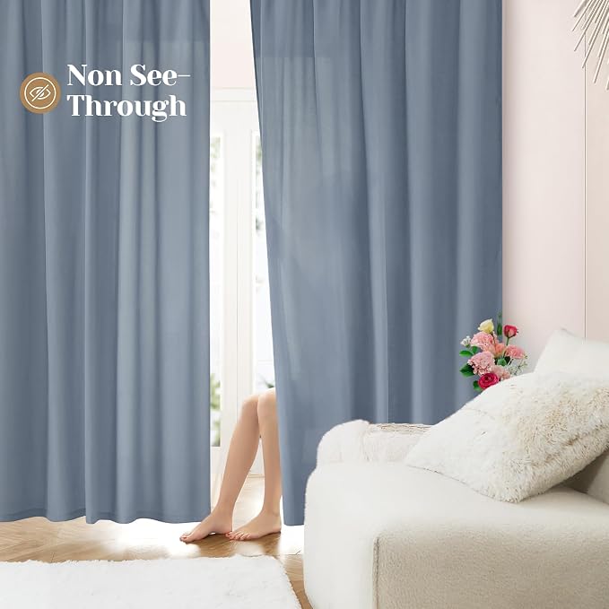 HOMEIDEAS Non-See-Through Stone Blue Privacy Sheer Curtains, 52 X 54 Inches - Image 2
