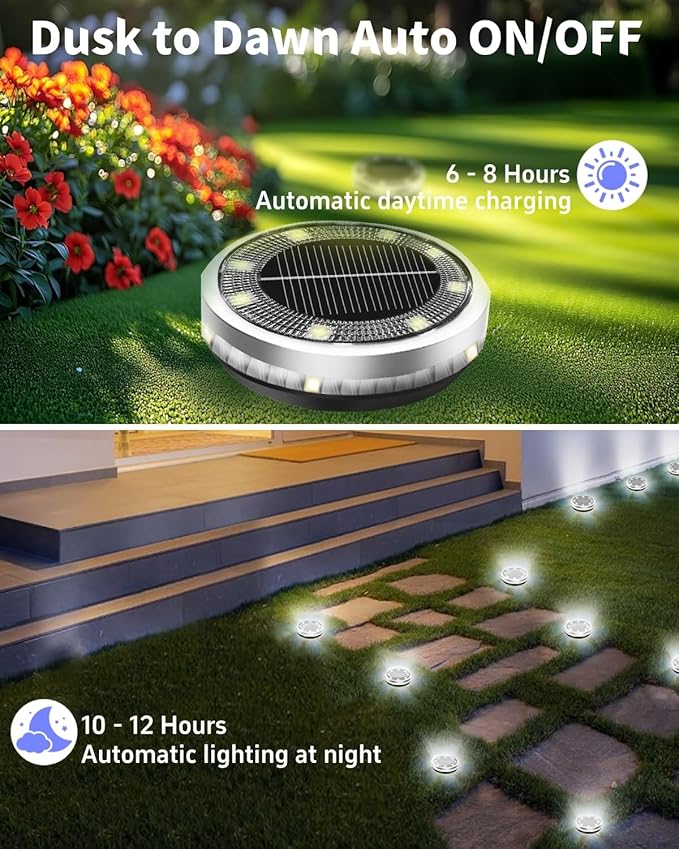 Solar Ground Lights Outdoor 18 Pack Waterproof, Upgraded Solar Garden Lights with 4 Side Light, Stainless Steel Solar Powered Disc Landscape Light for Walkway Lawn Yard Patio Deck-Cool White