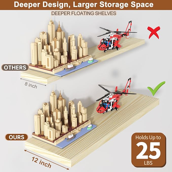 40 Inch Floating Shelf 1 Pack Large Floating Shelves for Wall No Drilling Accessories Included Deep Wall Shelves for Living Room Kitchen Farmhouse 40" W x 12" D x 1.2" Oak