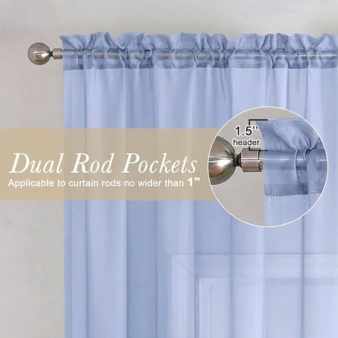 Denim Blue Sheer Curtains 90 Inches Long 2 Panels, Voile Rod Pocket Light - Image 5