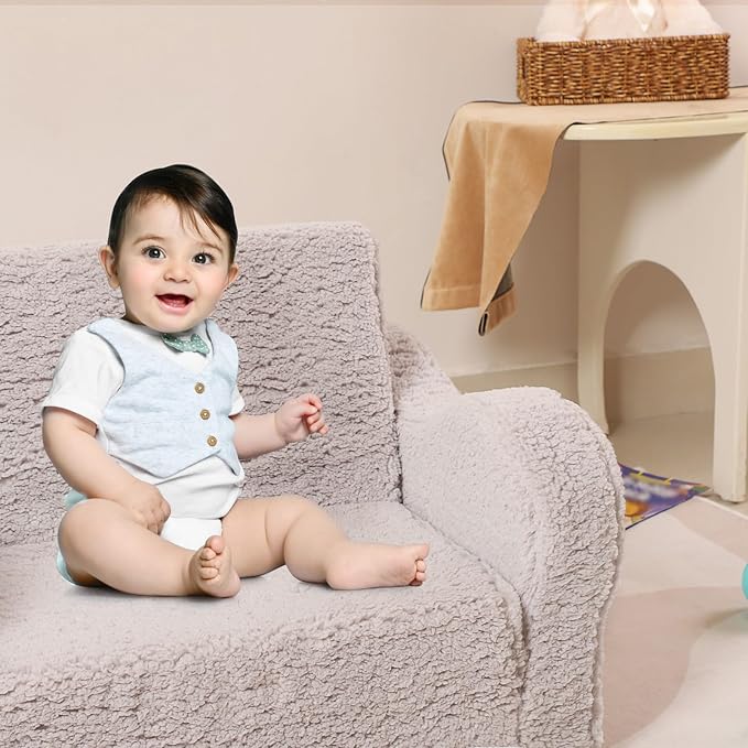 Kids Chairs for Toddler, 2-in-1 Toddler Soft Sherpa Couch Fold Out, Convertible Sofa to Lounger for Girls and Boys, Grey