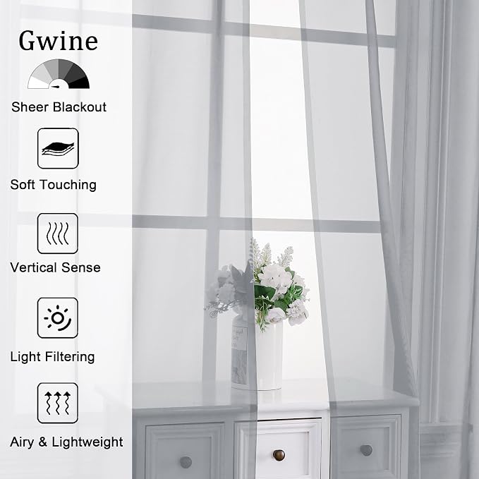 Gwine Light Grey Sheer Kitchen Curtains 36 Inch Length, Light Filtering Voile - Image 2