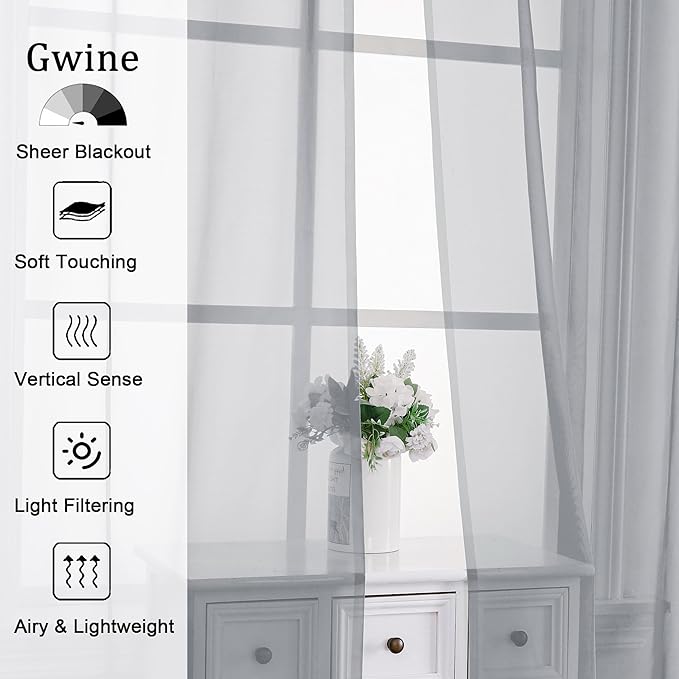 Gwine Light Grey Sheer Curtain Tiers 24 Inch Length, Light Filtering Voile - Image 3