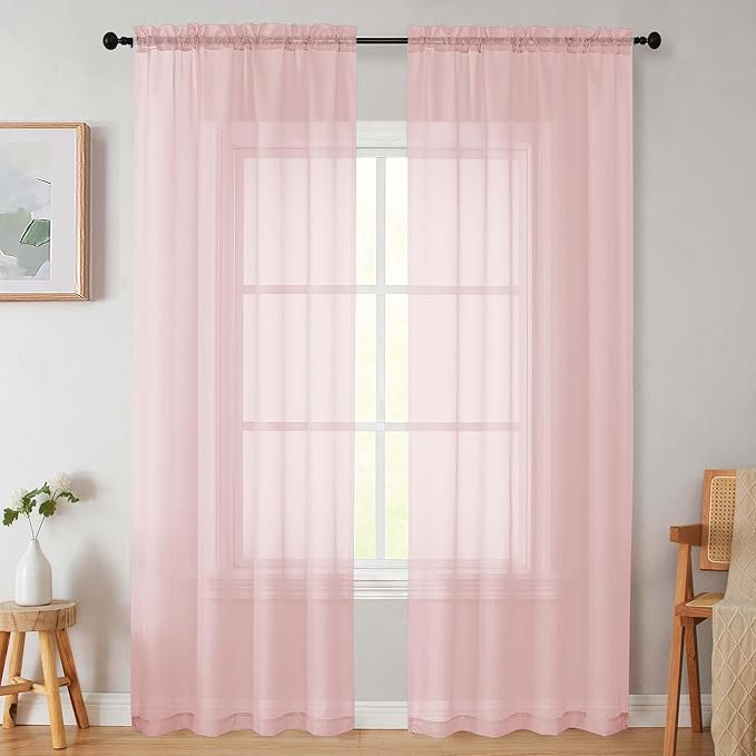 Blush Sheer Curtains for Bedroom Living Room 90 Inches Long 2 Panels Set by WelvetBLK