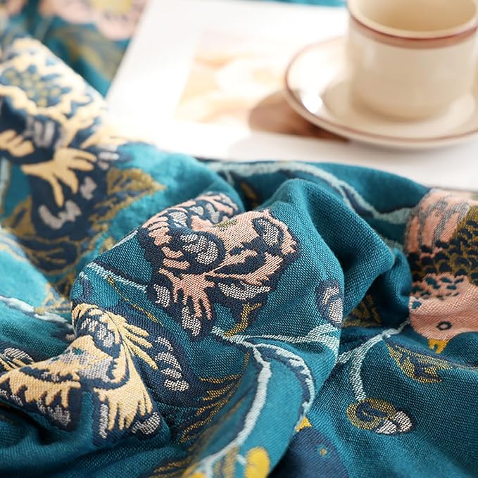 Boho Muslin Blanket for Adults 4-Layer Gauze Twin Size Soft Cozy 100% Cotton Summer Cooling Blanket Floral Decor for Sofa Bed Coverlet Both Sides (Flowr Branch Teal, Twin 60 x 80 in)