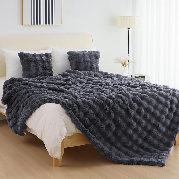Cozy Faux Fur Throw Blanket for Bed-Warm Fuzzy Throw Blanket, Soft Plush Thick Bubble Blankets for Bedroom and Living Room, Furry Luxury Blanket, 60 x 80, Grey