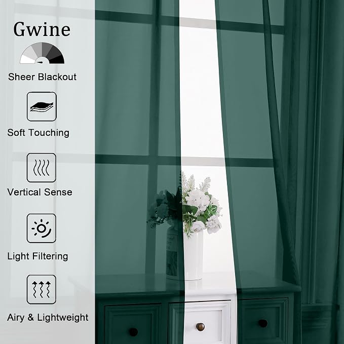 Gwine Hunter Green Sheer Kitchen Curtains 36 Inch Length, Light Filtering Voile - Image 2