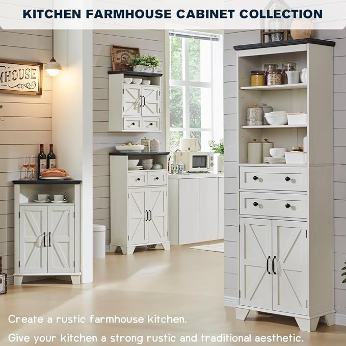 Corner Bathroom Cabinet, Farmhouse Small Corner Cabinet with Barn Door & Adjustable Shelf, Storage Cabinets for Bathroom, Kitchen, Living Room, Off White