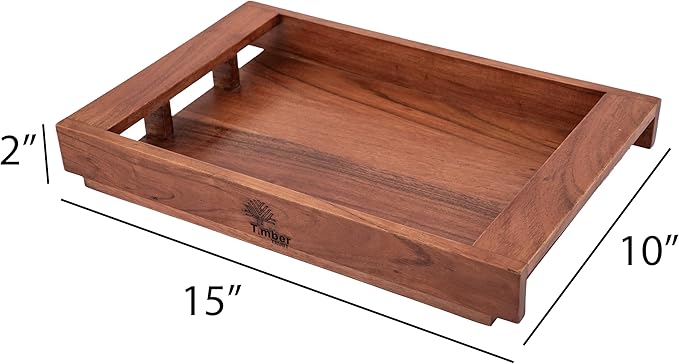 Acacia Wood Serving Tray with Handles – 15x10x2 Inch Decorative Tray for Breakfast in Bed, Dinner, Appetizers, Coffee Table, BBQ, Patio & Party – Perfect for Lap & Couch Use