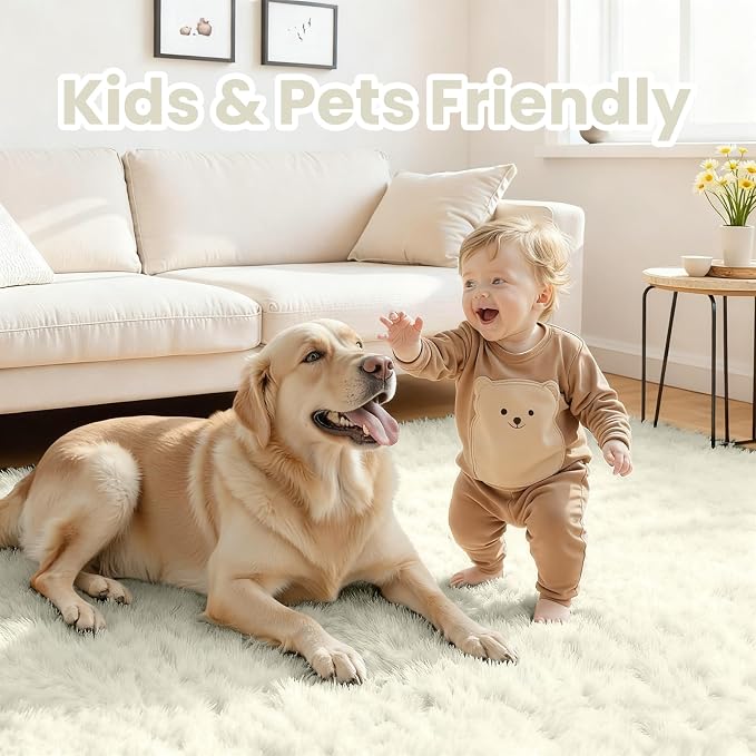 4x6 Fluffy Shag Area Rugs for Living Room Bedroom: Soft Carpet Cream White | - Image 4